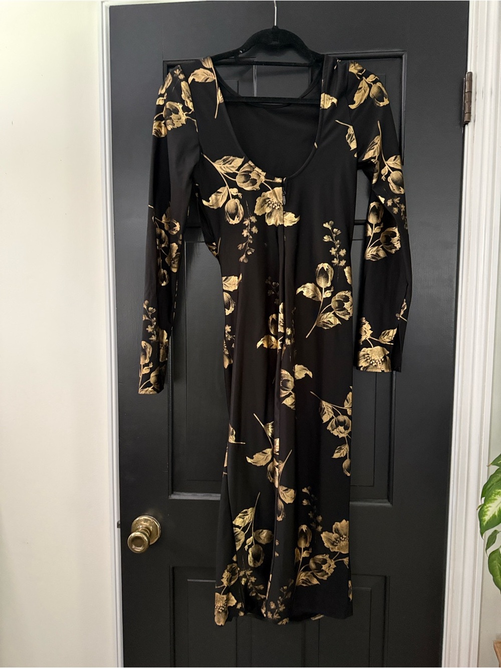 Black Long-Sleeve Maxi Dress with Gold Floral Print